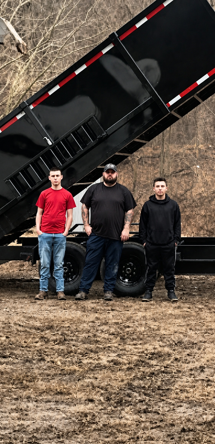 Larry and his sons in front of heavy equipment